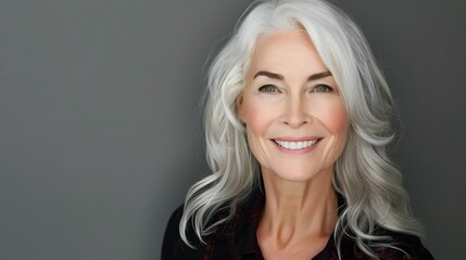 Naklejka premium Radiant senior woman with silver hair smiling on a gray background