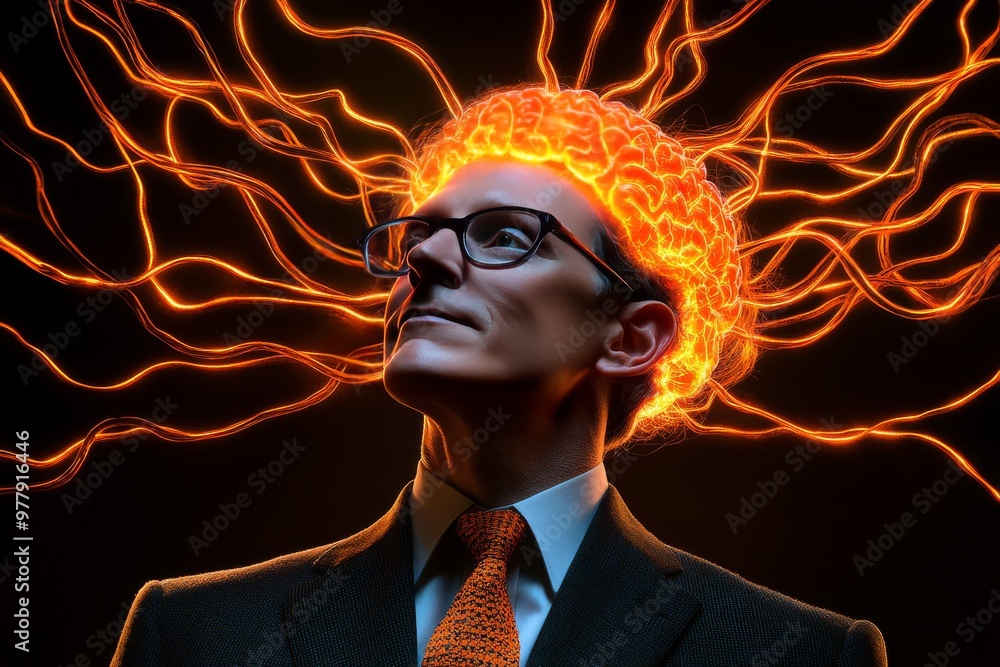 Poster conceptual portrait of a man with glowing neural wires around his head symbolizing cognitive advance