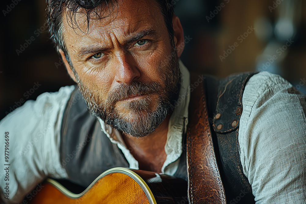 Poster a musician with a broken guitar string, looking frustrated and unprepared. concept of performance mi