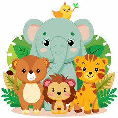 A group of cute, cartoon jungle animals including an elephant, giraffe, lion, bear, and cub.  The animals are standing together in a friendly pose, with smiling expressions. The elephant is in the cen