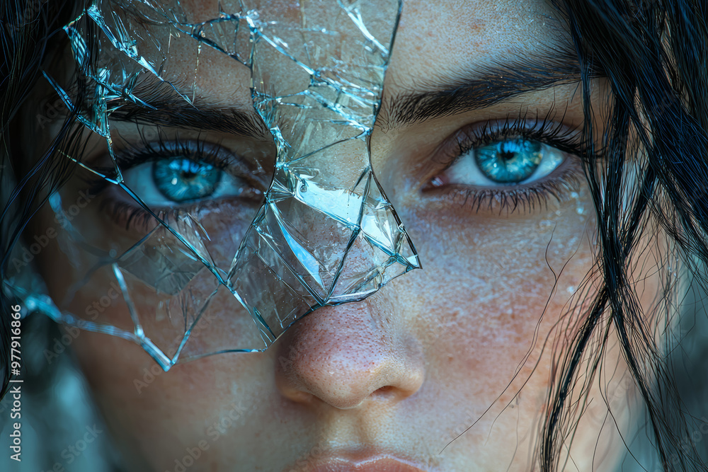 Poster a mirror reflecting a shattered image of the person looking into it, symbolizing self-image issues. 