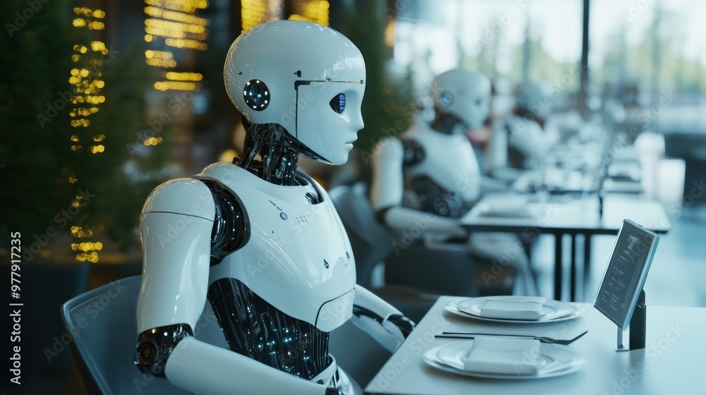 Canvas Prints A humanoid robot sits at a restaurant table, waiting for service.