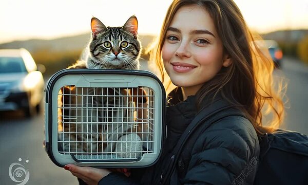 Woman with Cat in a Carrier
