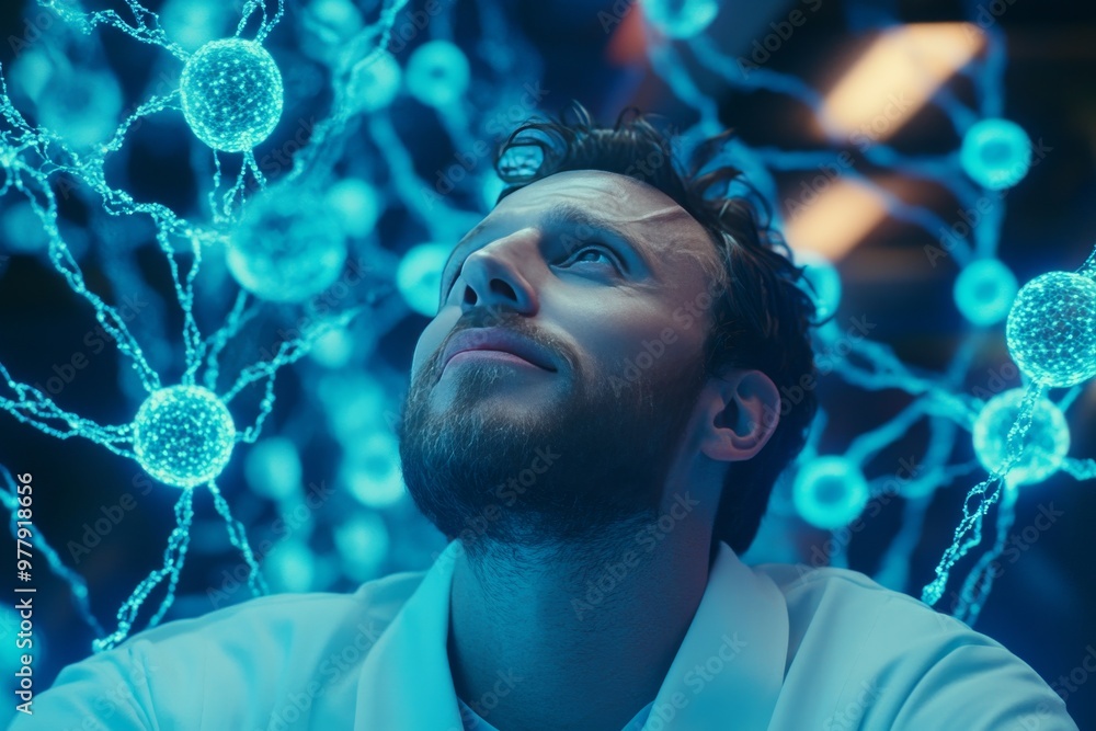 Poster man looking up at glowing neural network symbolizing deep thought cognitive advancement and futurist