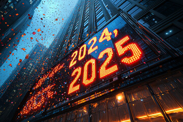 A digital clock on a skyscraper counts down the last seconds of "2024," flipping to "2025" as confetti falls. Concept of a new beginning and urban celebration.