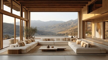 Fototapeta premium Luxurious vacation rental living room with scenic mountain views and elegant decor in warm natural light