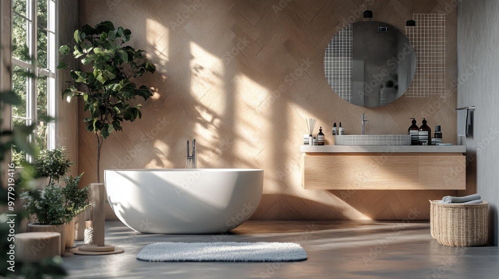Poster stylish modern bathroom design with a clear side transforming into a 3d grid and sketch on the right