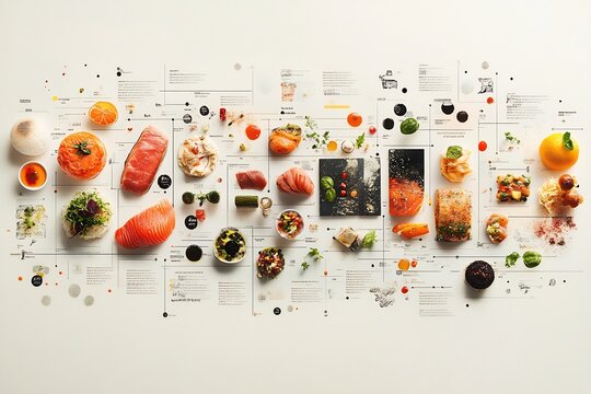 Abstract infographic representing the menu variety in food service where seasonal and international dishes provide guests with endless culinary options enhancing their dining experience