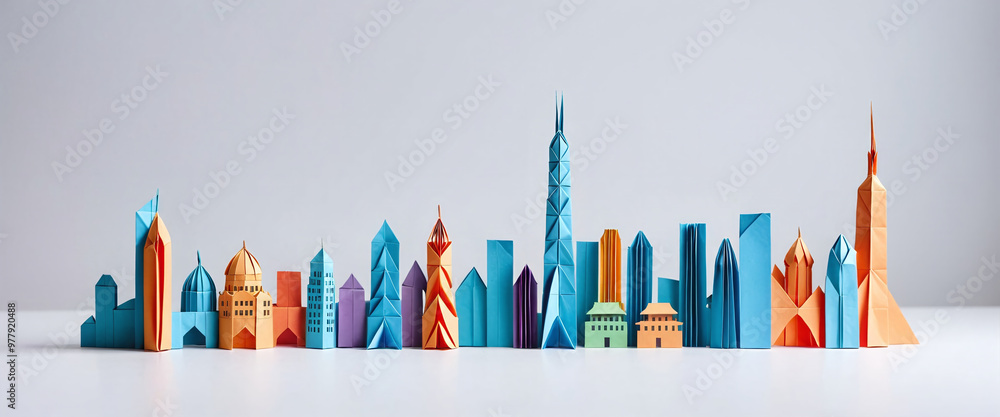 Wall mural Illustrative depiction of a cityscape or skyline made of paper and designed against a bright background