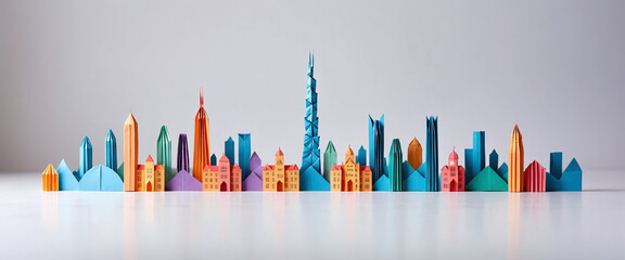 Illustrative depiction of a cityscape or skyline made of paper and designed against a bright background