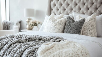 Custom-built tufted headboard detail with elegant stitching and cozy bedroom decor under soft lighting