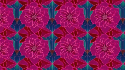 Geometric pattern wallpaper in spectacular flowers, contrasting shades give a sense of retro waves style