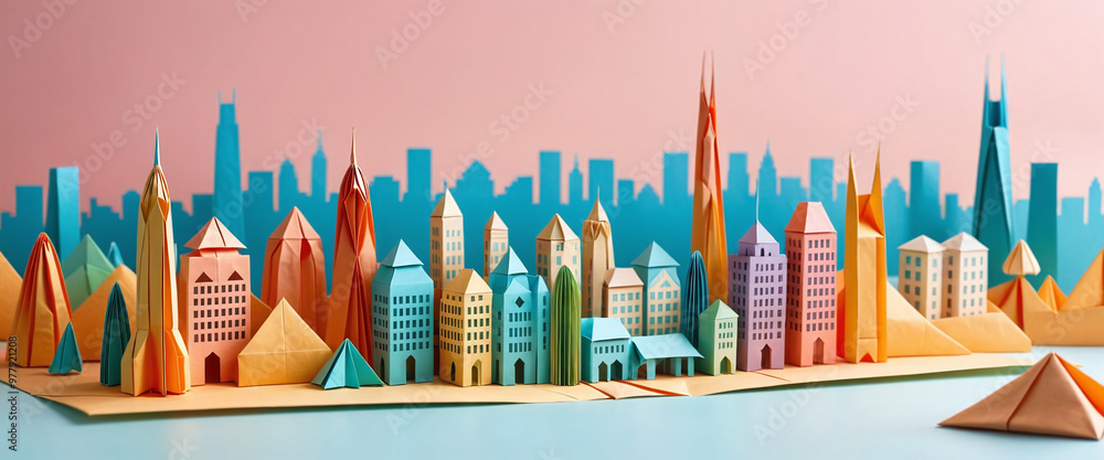 Wall mural Illustrative depiction of a cityscape or skyline made of paper and designed against a bright background