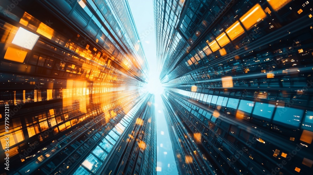 Poster dynamic view of skyscrapers with vibrant light trails and motion