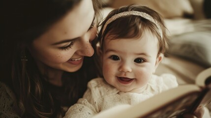 A mother and her baby girl are smiling while reading a book together.