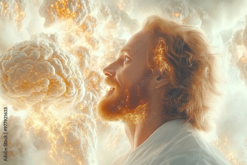 Poster bearded man looking up at glowing cosmic formations symbolizing wonder connection to the universe an