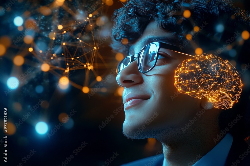Poster man smiling in front of conceptual neural network symbolizing intelligence innovation and digital co