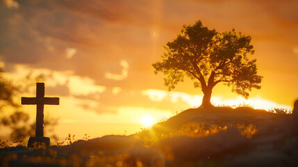 Close-up of a lone, black cross on a hillside with a blurred sunset sky background and a Christian background with text space that includes a verse from the Bible (Romans 5:6)