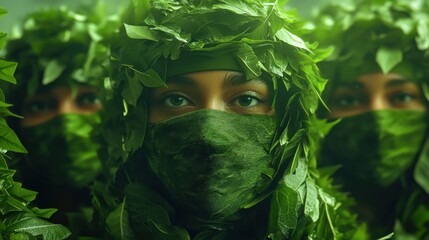 Group of people covered in green leaves representing nature conservation
