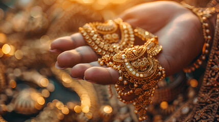 close-up of a woman's hand holding gold ornaments for a loan concept Asset or Gold Loan