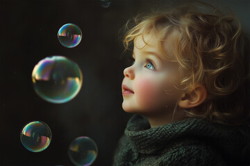 child looking at soap bubbles with happiness