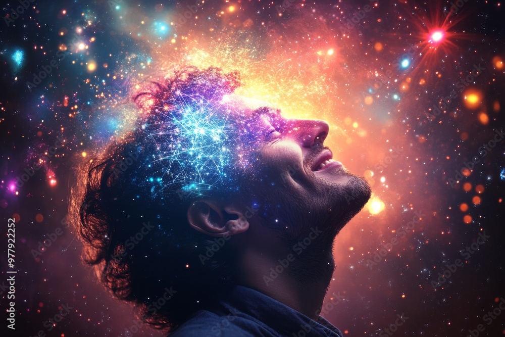 Poster smiling man looking up at glowing cosmic lights symbolizing awe wonder and connection to the univers