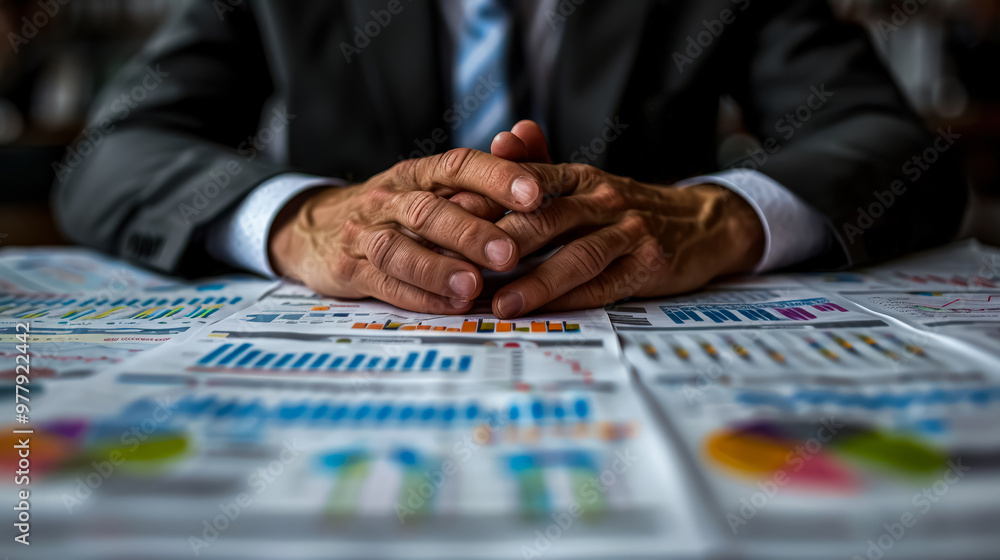 Poster a man is sitting at a desk with his hands folded on a piece of paper with a lot of numbers and graph