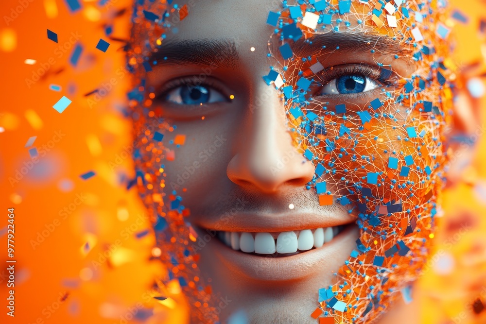 Poster digital face with abstract glowing particles symbolizing futuristic transformation artificial intell