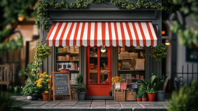 Charming small street cafe with vibrant flowers and striped awning