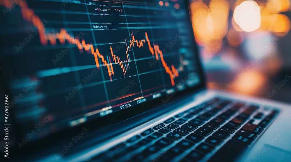 Poster stock market data displayed on a laptop screen with a declining graph