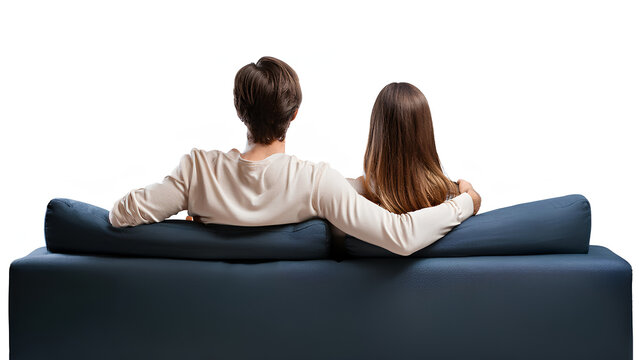 Man and woman relaxing together on sofa hugging. Couple sitting on sofa back view on transparent background. PNG format