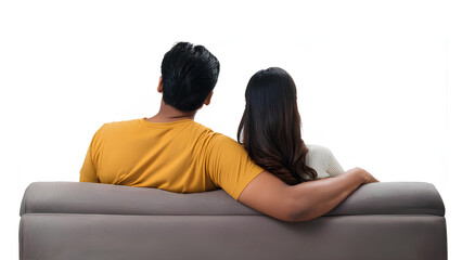 Man and woman relaxing together on sofa hugging. Couple sitting on sofa back view on transparent background. PNG format