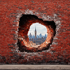Graffiti of a city seen through a brick wall