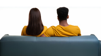 Man and woman relaxing together on sofa hugging. Couple sitting on sofa back view on transparent background. PNG format