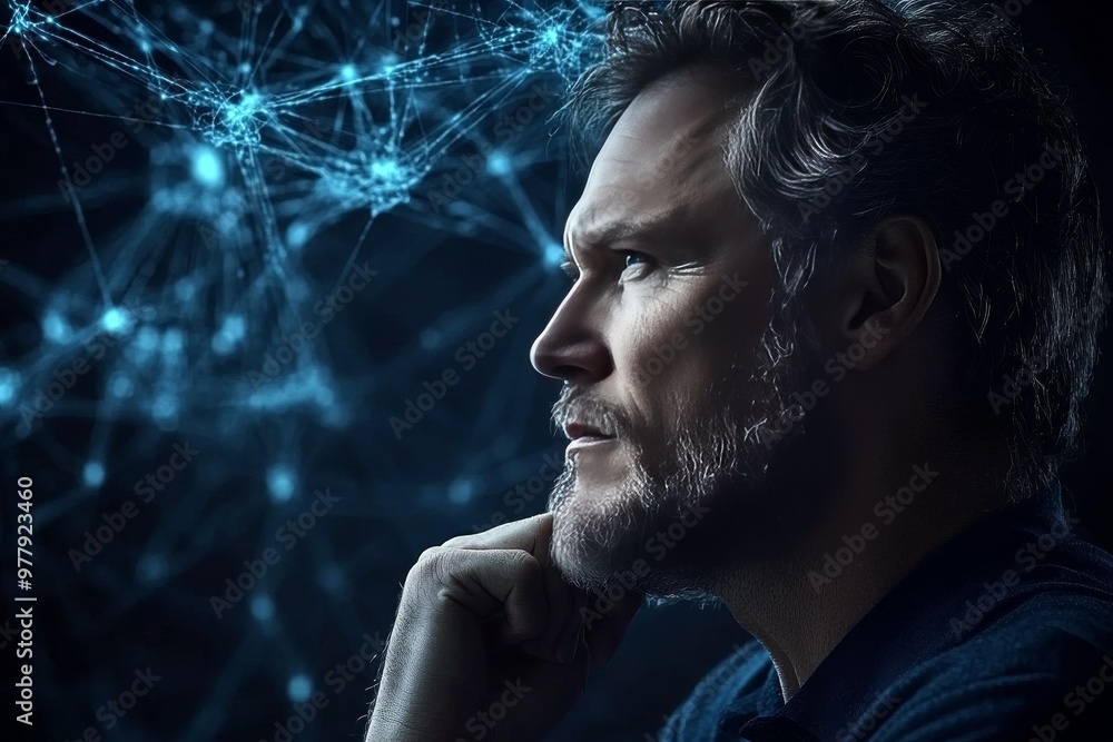 Poster man looking thoughtfully at digital neural network symbolizing advanced thinking cognitive science a
