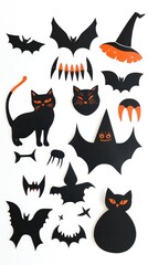 A collection of spooky Halloween decor featuring black cats, bats, and witch hats