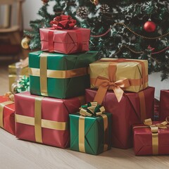 Fototapeta premium Stacked red and green holiday gifts with golden ribbons piled under the festive Christmas tree waiting for celebration.