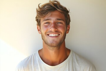 Obraz premium Young man smiling confidently symbolizing joy positivity and youth in a casual environment with natural light