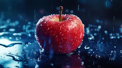 Red apple with water droplets in the rain on a reflective surface