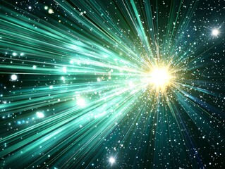 Naklejka premium vibrant explosion of green particles radiates outward, creating a high-energy spectacle. Glowing trails and cosmic dust shimmer intensely in the vast darkness of space.