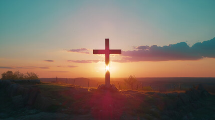 Religion of Cross-Christian Gods on a Sunset Background 