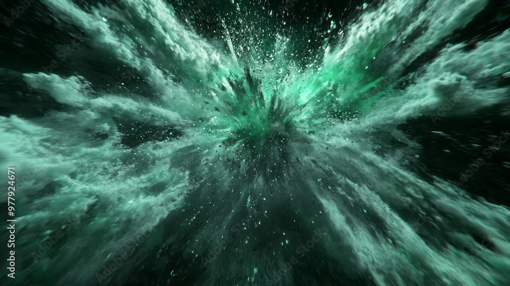 Poster explosive burst of vibrant green particles erupts from a central point, scattering dynamically acros