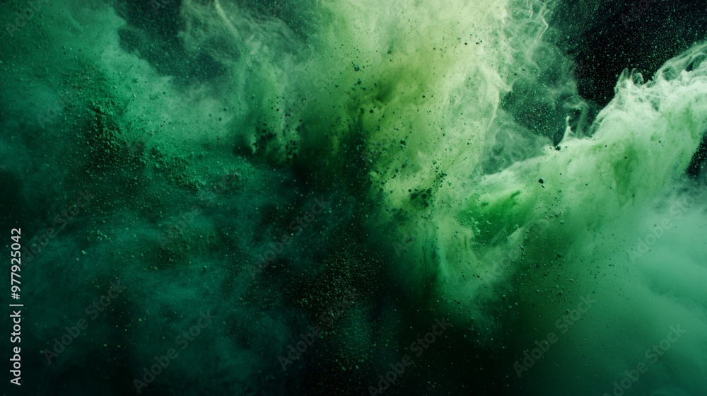 Poster burst of bright green particles radiates from a central point, scattering dynamically and forming a 