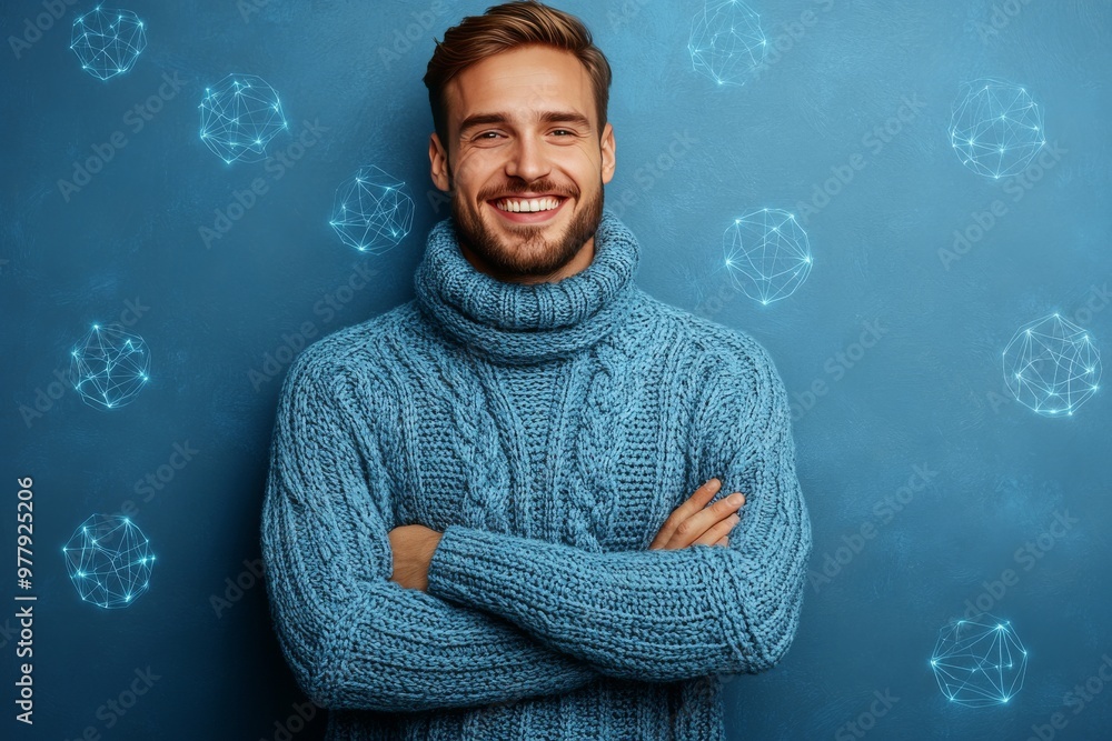 Poster smiling man in a cozy blue sweater with molecular graphics in the background symbolizing positivity 