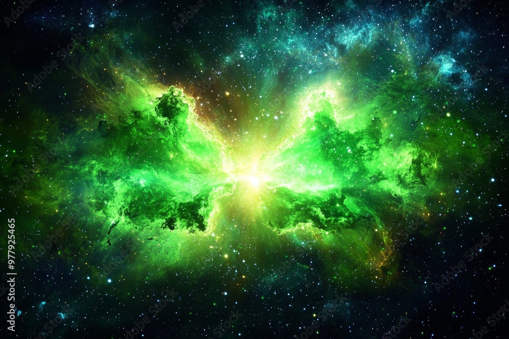 Poster explosive display of green particles bursts forth from a central point, radiating outward against a 
