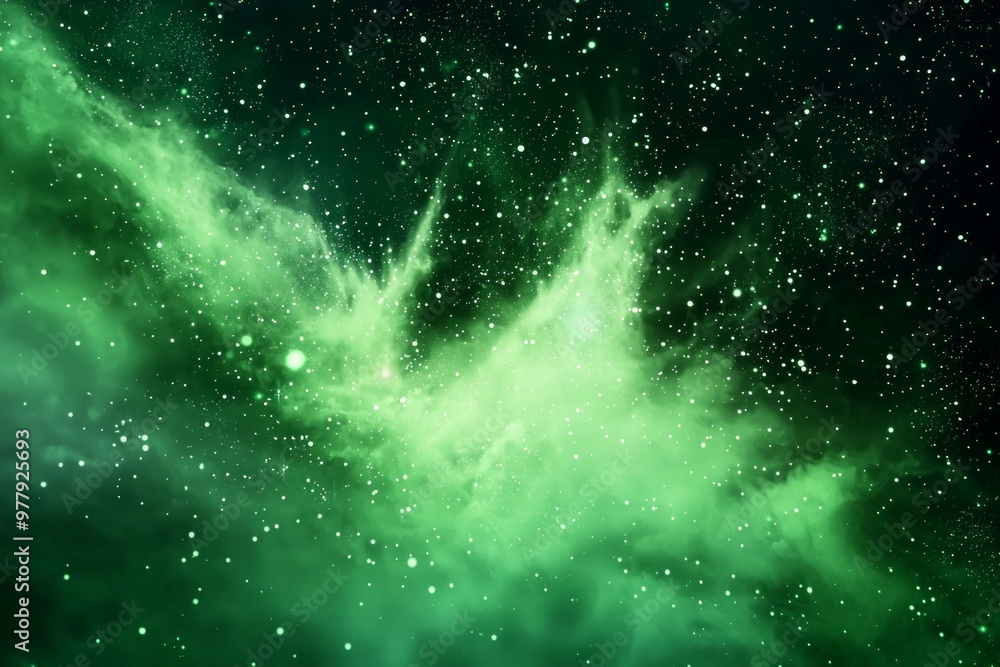 Poster stunning explosion of vibrant green particles disperses energetically from a central point, creating