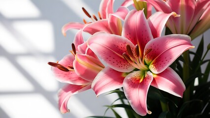 Pink stargazer lily flower with whitespace and subtle shadow. Ideal for a template or border.