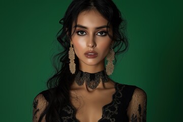 Elegant indian model showcasing intricate lace attire with bold jewelry against a vibrant green background in a fashion studio