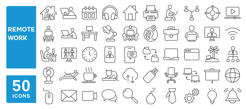 Set of 50 line icons related to remote work, home, freelance, online, office, working, conference, network, teleworking, Editable stroke. Vector illustration