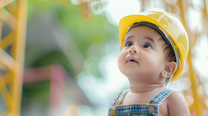 Gorgeous baby Desi girl playing with a toy crane while wearing a yellow construction hat 